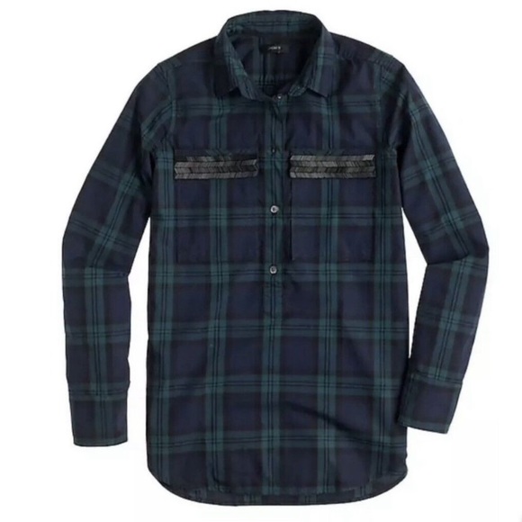 J. Crew Plaid Chevron Beaded Pocket Half Button Shirt 12 - Picture 1 of 7